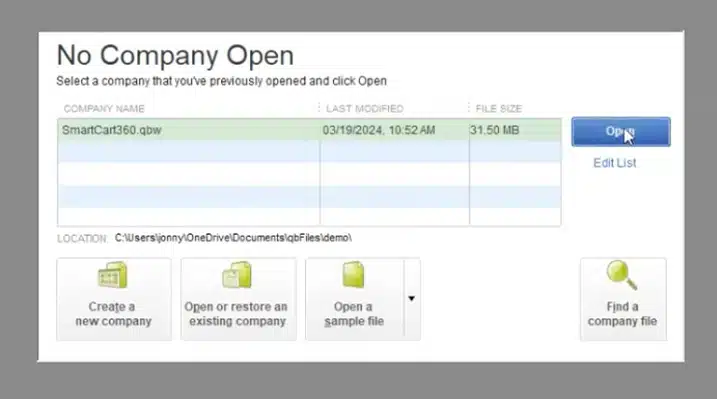 open-company-file Add SmartCart360 User to QuickBooks